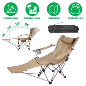Reclining Camping Chair With Footrest 4-Position Adjustable Outdoor Folding Chair Heavy Duty Portable Camping Lounge Chair With Headrest Cup Holder & (Option: Khaki)