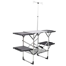 Folding Camping Kitchen Table with Lamp Post, Portable Outdoor Cooking Station with Heat Resistant Top, 4 Side Tables & Lower Storage Rack for Picnic, (Option: Silver_WithPost)