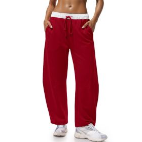 Fisoew Womens Wide Leg Sweatpants Baggy Drawstring Elastic Waisted Travel Track Pants Color Block Joggers With Pockets (Option: Red-L)