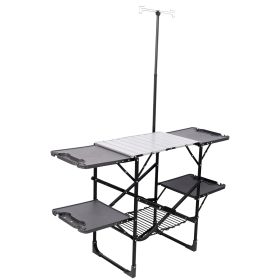 Folding Camping Kitchen Table with Lamp Post, Portable Outdoor Cooking Station with Heat Resistant Top, 4 Side Tables & Lower Storage Rack for Picnic, (Option: Black_WithPost)